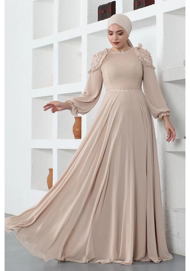 Omuz Detaylı Tesettür Abiye Elbise 727-bej Bej