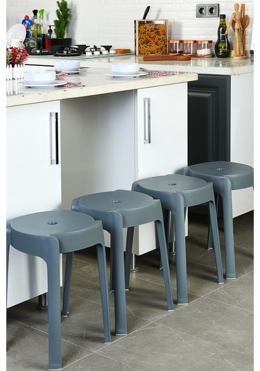 Kaymaz Ayaklı Dekoratif İç İçe Geçebilen Plastik Tabure Mutfak Bahçe Taburesi 4 Adet Antrasi Antrasit