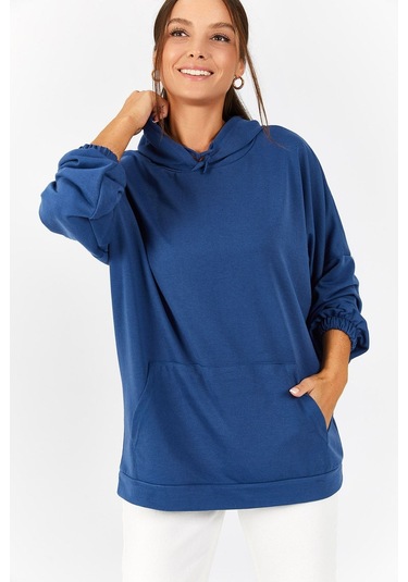 Armonika Kadın Koyu Mavi Kapüşonlu Cepli Sweatshirt Arm-21k024027