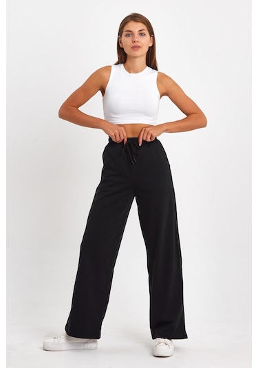 MMetalic MTLCB67 Kadın Mevsimlik Salaş Geniş Rahat Paça Yan Cepli 2'li Eşofman Altı 001 Siyah - Gri