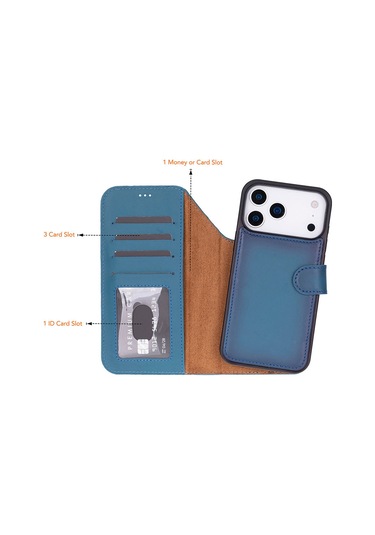 Bloomcase Magic Wallet Midnight Blue iPhone Uyumlu 17 Pro 6.3" Hakiki Deri Çıkarılabilir Cüzdanlı Telefon Kılıfı Mavi