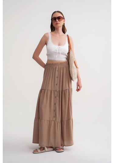 4662 Kadın Düğme Detaylı Büzgülü Modal Etek Toprak Toprak