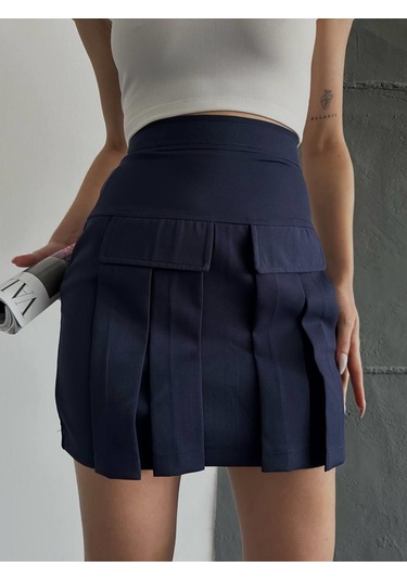 Kadın Lacivert Kargo Cep Detaylı Pileli Mini Etek-lacivert Lacivert