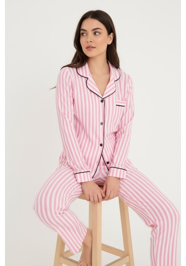 Luxury Soft Pembe Çizgili Uzun Kollu Kadın Pijama Takımı 3052 Pembe