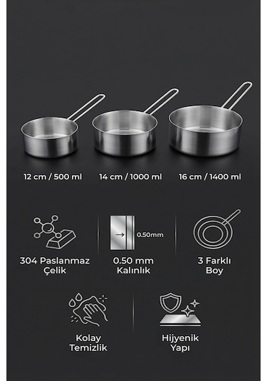 Makri Home Paslanmaz Çelik 3 Lü Sosluk Ve Sütlük Tava Seti 12-14-16 Cm Krom