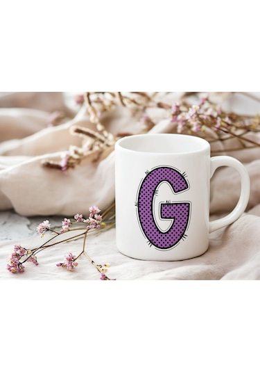 G Harfi Mor Puantiyeli Kupa Bardak - Polka Dot Tasarım Kahve Çay Bardak - Kişiye Özel Hediyelik Beyaz