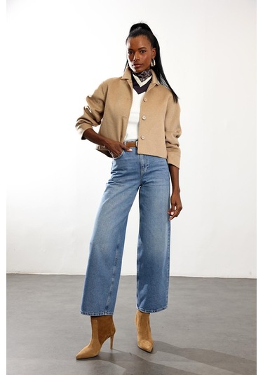 Camel Gömlek Yaka Kısa Yün Ceket CAMEL