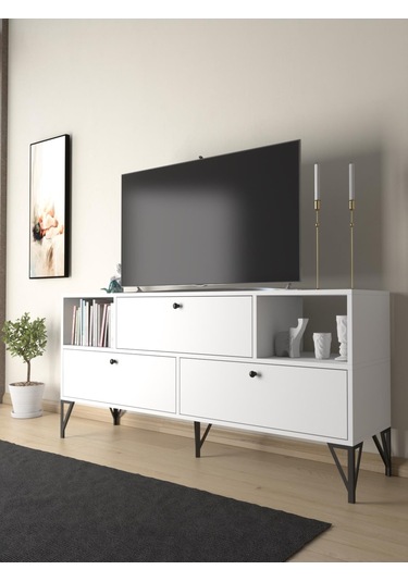 Wood'n Love Mia 160 Cm Metal Ayaklı Tv Ünitesi - Konsol - Beyaz / Siyah Kahverengi