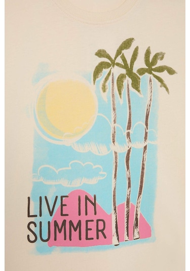 Defacto Kız Çocuk Relax Fit Bisiklet Yaka Baskılı Kısa Kollu Tişört E0353a825smer134 Ekru