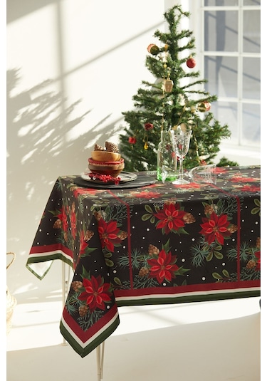 Kozalak Çiçekli Lacivert Yılbaşı Masa Örtüsü