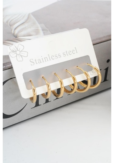 Kadın Kararmaz 316 L Çelik 6'lı Halka Set Küpe - Altın