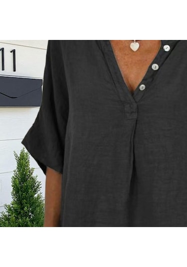 Pamuk Keten Kadın Gömlek V Yaka Düğmeli Yarım Patlet Yarım Kol Nefes Alabilir Bol Kamel
