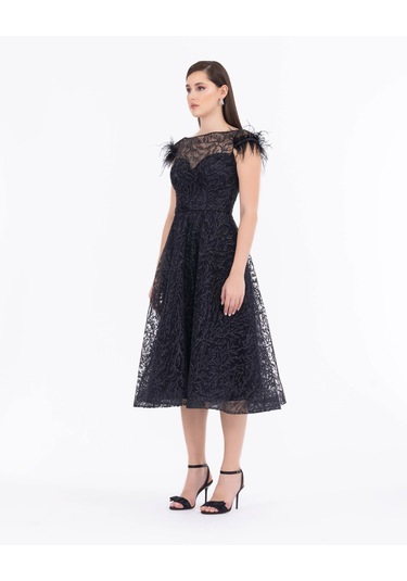 Kayık Yaka Tül Detaylı Simli Abiye-siyah Siyah