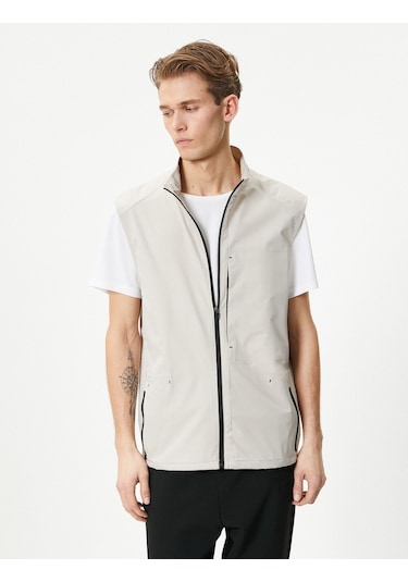 Koton Spor Yelek Dik Yaka Fermuarlı Cep Detaylı Bej 4wam20006nw 4WAM20006NW057 Ekru