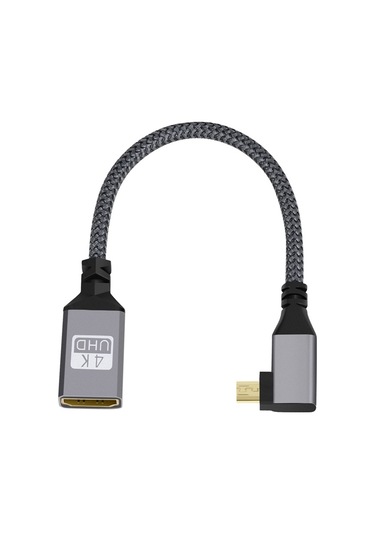 Mikro Hdmı Erkek Dirsek - Hdmı Dişi 4k Uhd 18gbps Bağlantı Kablosu, Uzunluk: 20cm Gri