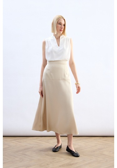 Sateen Yüksek Bel Saten Etek - Taş-136786 Taş