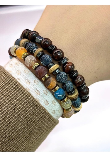 Nursaat 3'lü Doğal Taş Kehribar-Yeşim-Lapis-Kalsit-Dumanlı Kuvars-Sodalit Doğal Enerji Bilekliği Çok Renkli