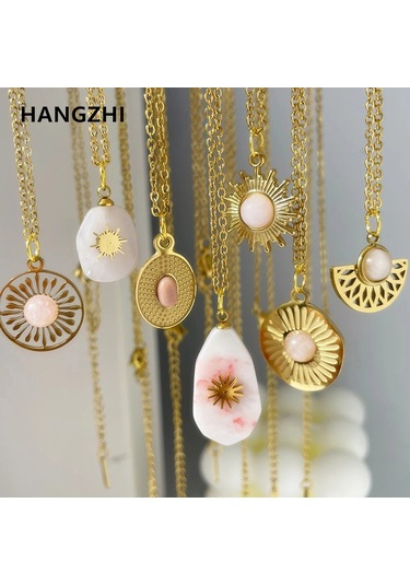 Soulader Kadın S Beden Pembe Doğal Taş Kolye Altın Kaplama Çiçek Desenli Su Damlası Geometrik Şık Paslanmaz Çelik Kolye Aksesuar Çok REnkli