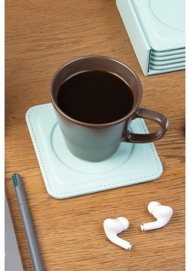 Bardak Altlığı,6 Lı Set,masaüstü Yuvarlak Cup Coaster,vegan Suni Deri,11x11 Cm.,su Yeşili Su Mavisi