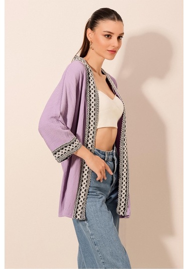 Bigdart 5866 Nakışlı Örme Kimono - Lila 001