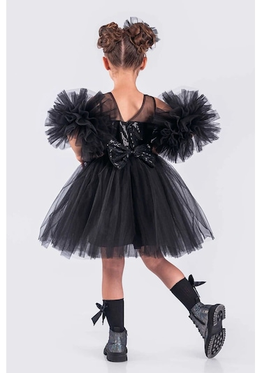 Kız Çocuk Abiye Elbise Ponpon Kol Pul Payetli Tütülü Siyah