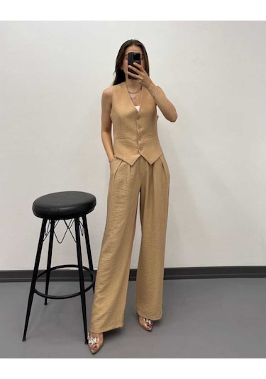 Nevege Butik Nevege Kadin V Yaka Camel Astarli Keten Yelek Camel