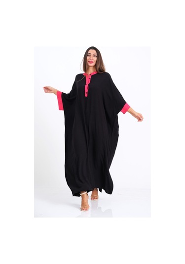 Kadın Siyah Sırtı Palmiye Nakışlı Yarasa Kol Oversize Uzun Elbise - Sıyah