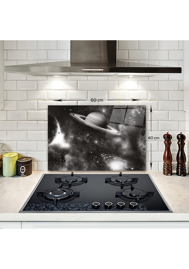 Decorita Cam Ocak Arkası Koruyucu Galaksi Desen Siyah - Beyaz Fon 40 x 60 CM