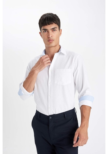 Defacto Regular Fit Oxford Basic Düz Uzun Kollu Beyaz Gömlek B1873AX23AUWT82 Beyaz