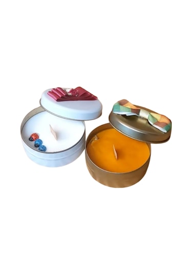 Uretti - Ayşe 7362 6831 El Yapımı 2'li Egzotik Orman Ve Okaliptus Metal Kutuda Mum - 3 X 7 Cm Beyaz - Turuncu