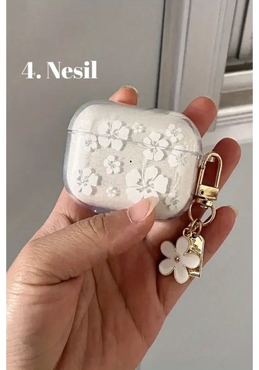 Airpods 4. Nesil Uyumlu Simli Beyaz Çiçek Desenli , Anahtarlıklı Kulaklık Kılıfı Çok Renkli Belirtil Diğer
