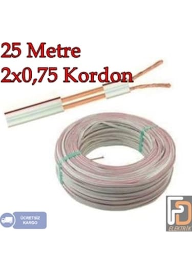 2X0.75 Kordon 25 Metre Şeritli Beyaz Kablo 25 M