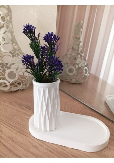 Mini Desenli Beton Saksı Tekli Ve Oval Tabak - Yapay Çiçek Hediyeli - Mor Tomurcuk