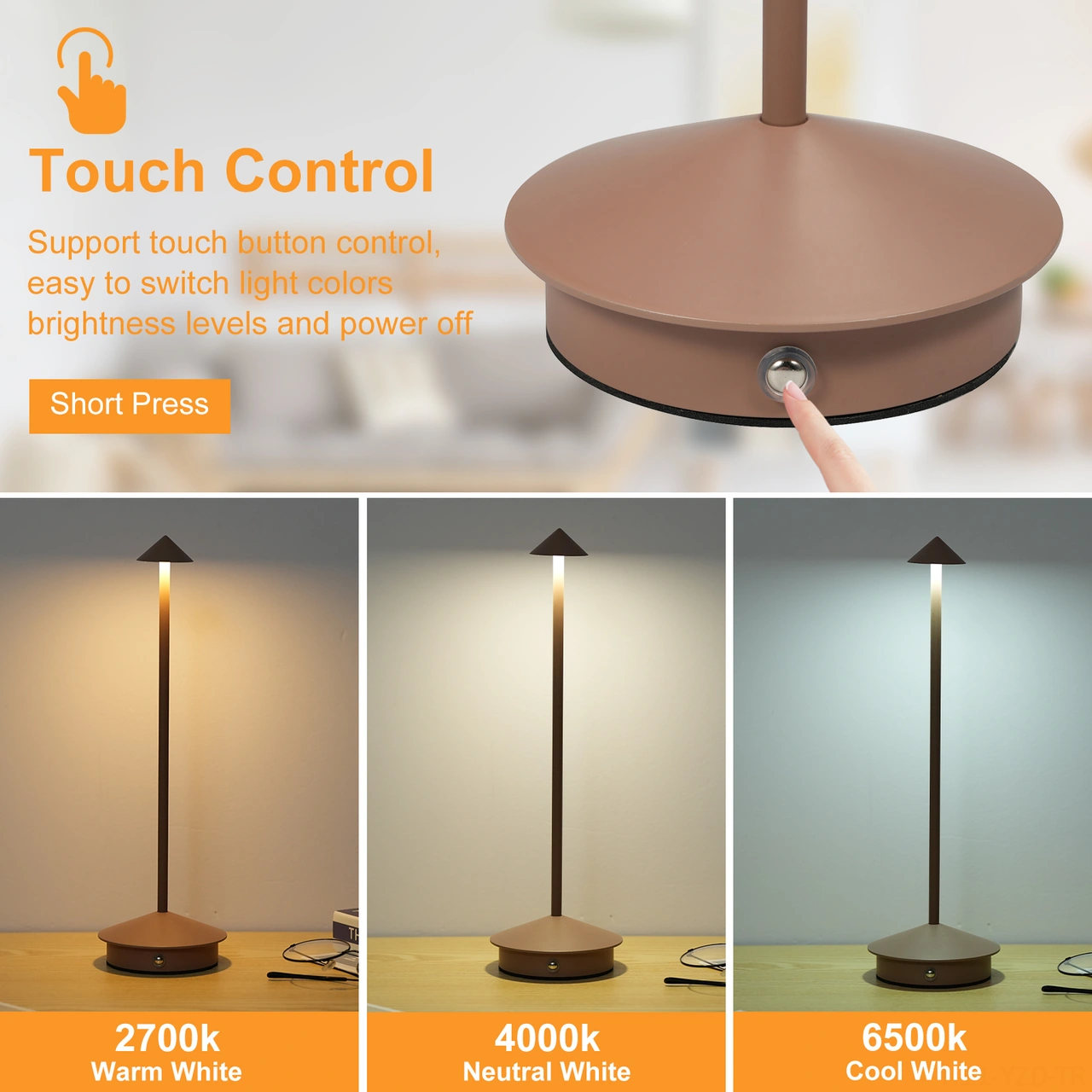 Yuntech01 Metalik Klasik Tasarım Masası Lambası - Dokunmatik Kontrol, 3 Renk Seçeneği, Sürekli Parlaklık Regülasyonu, Hafıza Fonksiyonu, 2000mah Pil Ve Type-c Şarj, Kahverengi Kahverengi
