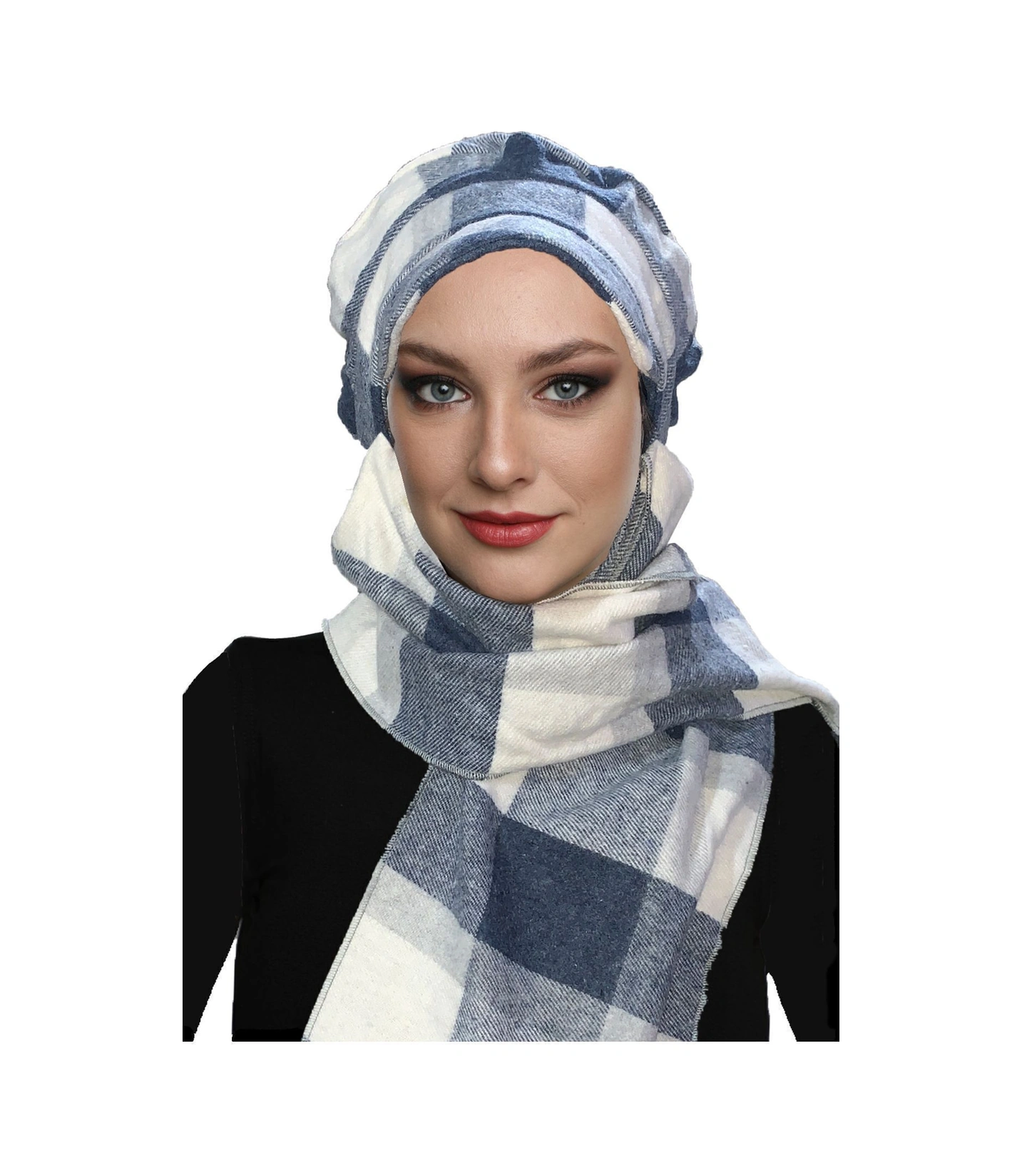 Yün Kasket Şapka Atkılı Ekose Desenli Mavi-krem Hazır Türban Tesettür Bone Bere Mavi-krem
