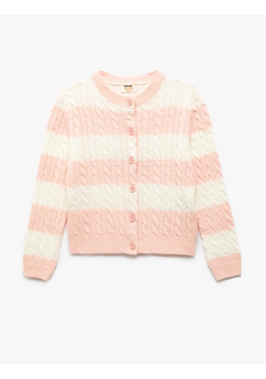 Koton Düğme Detaylı Yuvarlak Yaka Uzun Kollu Triko Hırka Pınk Strıpe 5skg90051ht Pembe Çizgili Pembe