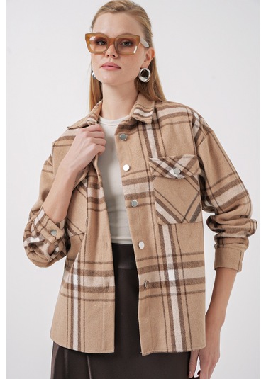 Bigdart 3854 Ekose Desen Çift Cepli Gömlek - Bisküvi