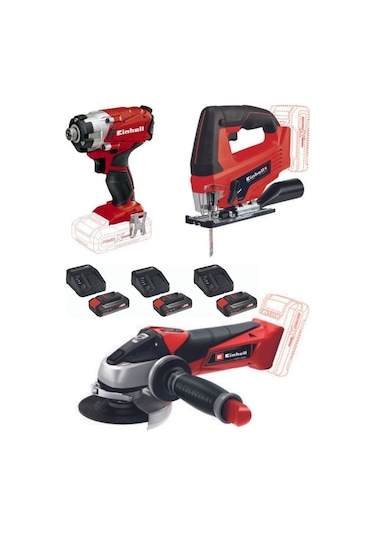 Einhell TE-CI 18/1 Vidalama + TC-JS 18 Lİ Dekupaj +  TE-AG 18/115 Avuç Taşlama + 3 x 2.5 Ah Akülü Usta Seti