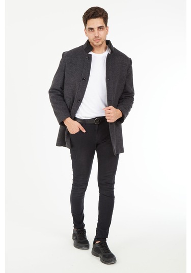 Sposo 1739 Düğmeli Hakim Yaka Yünlü Kaşe Antrasit Erkek Kaban Antrasit Melanj
