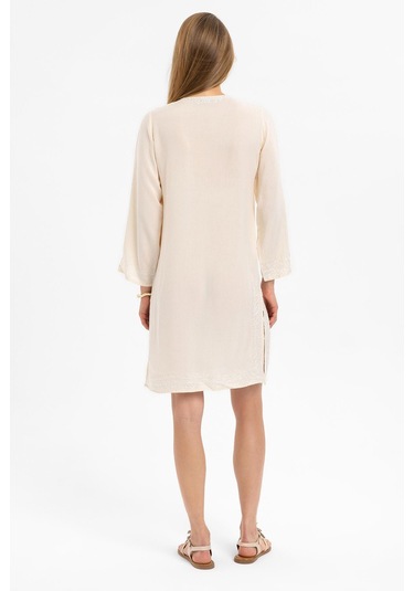 Krem İşlemeli Uzun Kollu Astarsız Pamuklu Kısa Elbise-krem Krem
