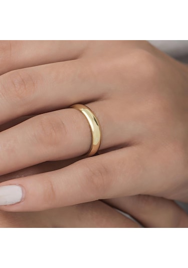 4 mm Bombeli Klasik Düz Altın Kaplama Tek Gümüş Alyans Yüzük