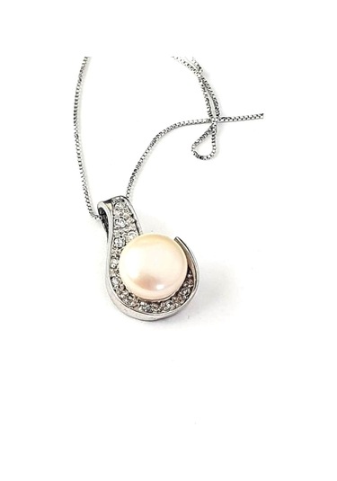 Zirkon Taş Detaylı 925 Ayar Gümüş Modern Inci Kolye