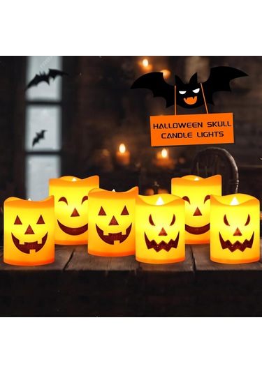 Cadılar Bayramı Led Mumları, Pilli 6 Adet Cadılar Bayramı Balkabağı Mumu, Cadılar Bayramı Partisi, Masa Dekorasyonu Çok Renkli