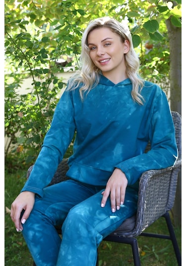 Akbeniz Kadın Pamuk Kapşonlu Cepli 3 İplik Turkuaz Eşofman Takım 9037-turkuaz Turkuaz