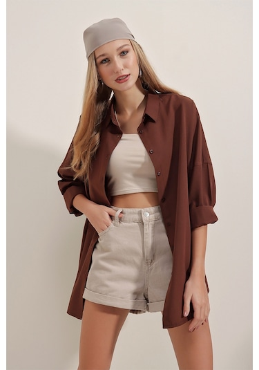 Bigdart 3900 Oversize Uzun Basic Gömlek - Kahverengi 001