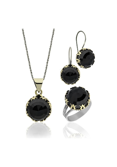 Erdobia Oniks Taşlı Lale Motifli Yuvarlak Otantik Gümüş Kadın Set