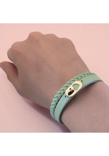 Archin Kuğu Temalı Zeytin Yeşili Derili Kalp Motifli 14 Ayar Altın Plakalı Hediye Bileklik-556sembol Kuğu