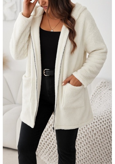 Kadın Uzun Kollu Kapşonlu Önden Fermuarlı Cepli Welsoft Ceket Bej