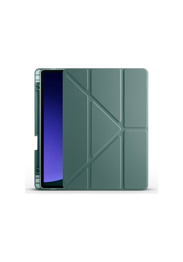 Kilifone - Galaxy Uyumlu Galaxy Tab S9 Fe - Kılıf Kalem Bölmeli Stand Olabilen Origami Tri Folding Tablet Kılıfı - Koyu Yeşil