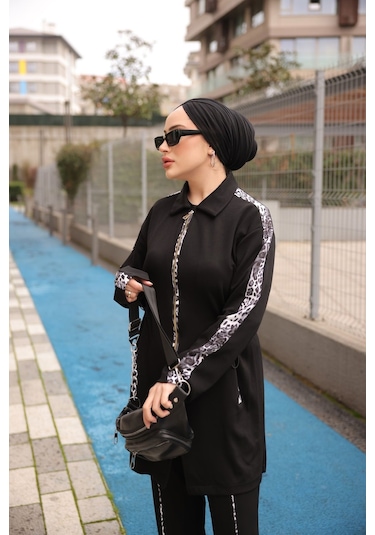 Tesettür Eşofman Takımı Fermuarlı Ikili - Tunik Pantolon Siyah - Beyaz 474 Siyah - Beyaz